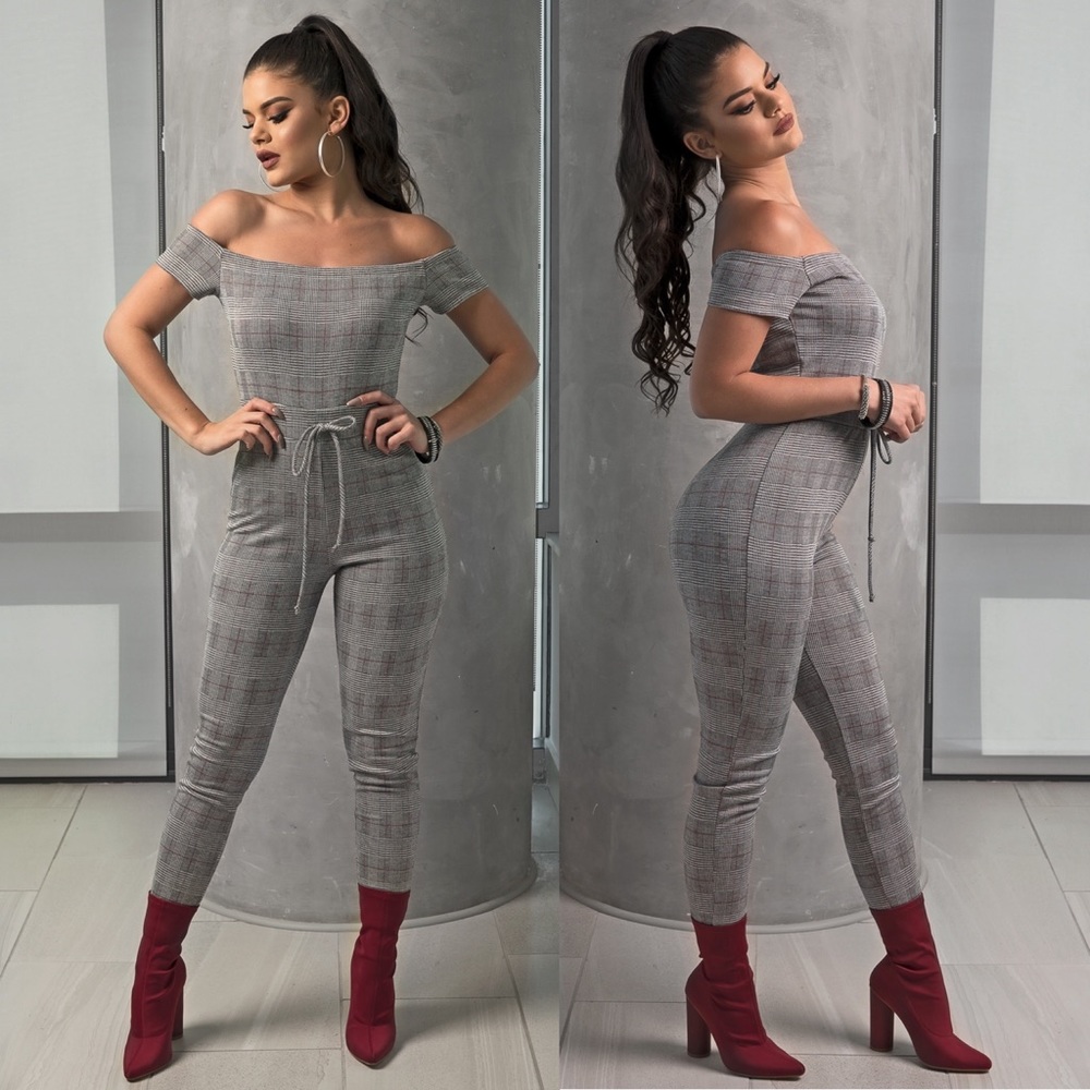Plaid Off The Shoulder Pant Jumpsuit